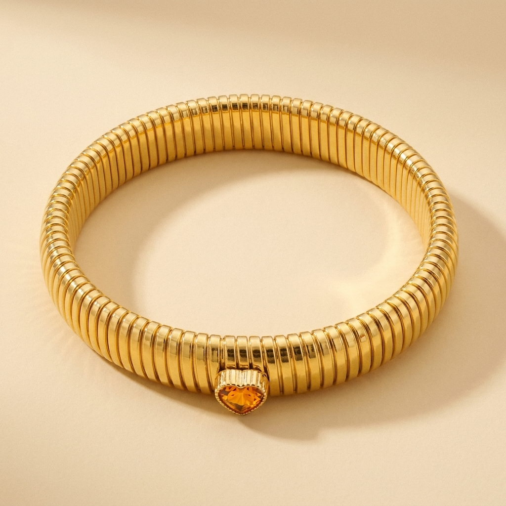 Tubogas Heart Bracelet – Retro Ribbed Stretch Bangle, Dainty Gift for Her