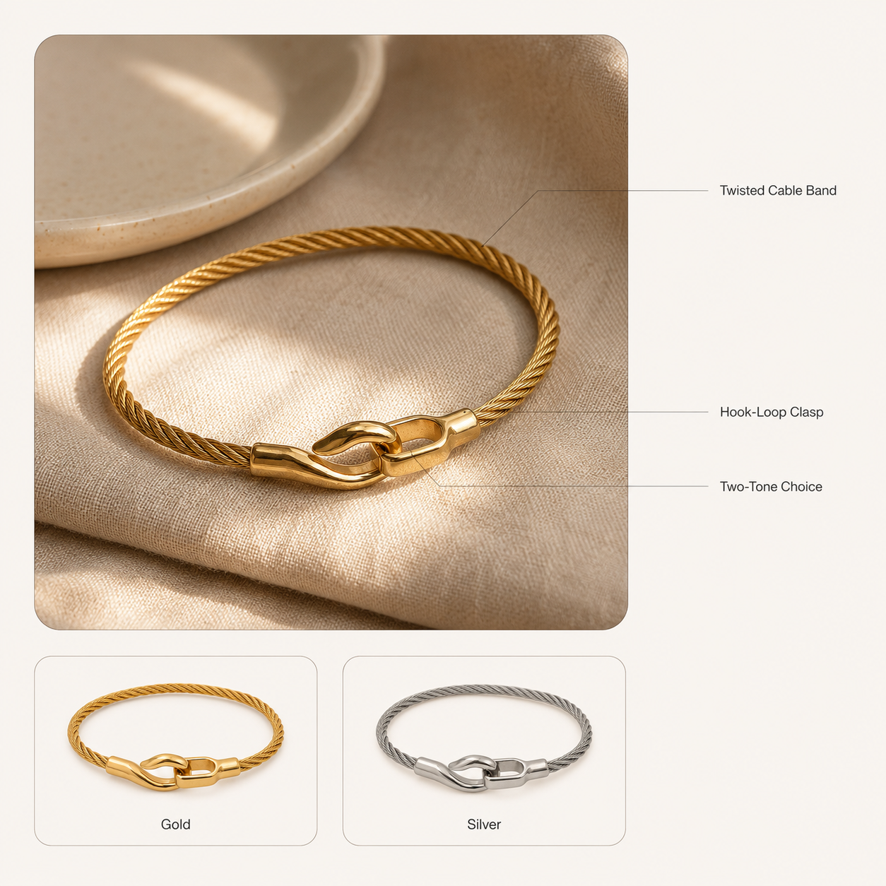 Twisted Cable Bangle Bracelet – Minimalist Hook Clasp Stainless Steel Bracelet for Women