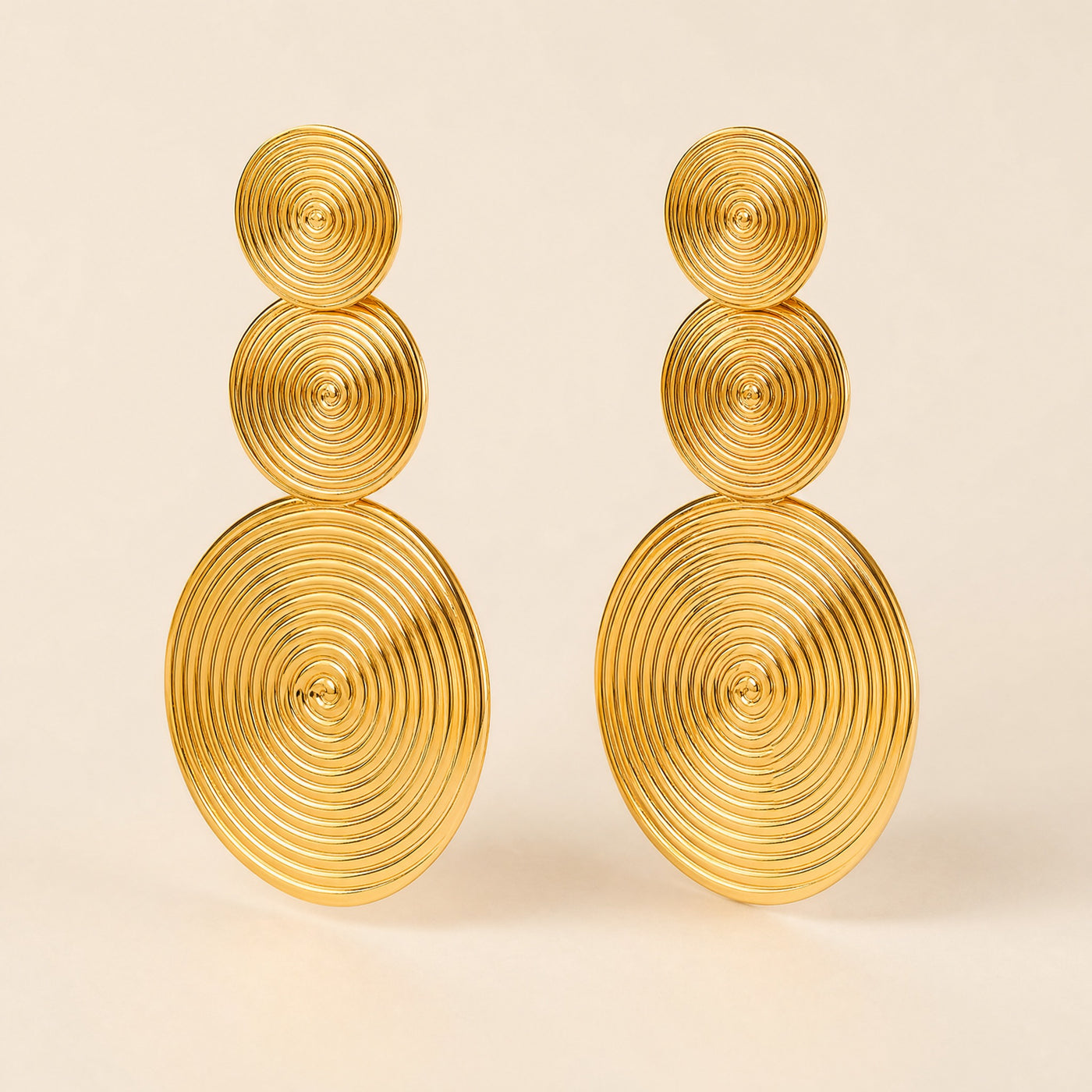 Gold Spiral Disc Drop Earrings – Bold Geometric Statement Dangle Earrings for Women
