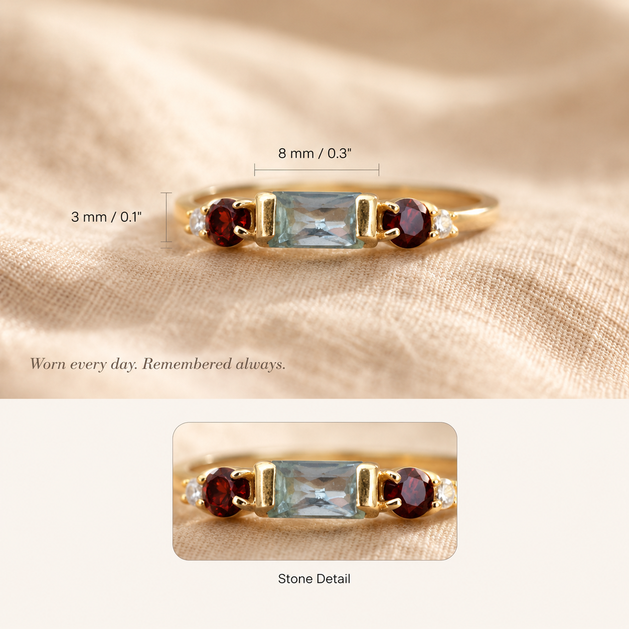 Gold Baguette & Garnet CZ Ring – Dainty Multi-Stone Stacking Ring, Gift for Her