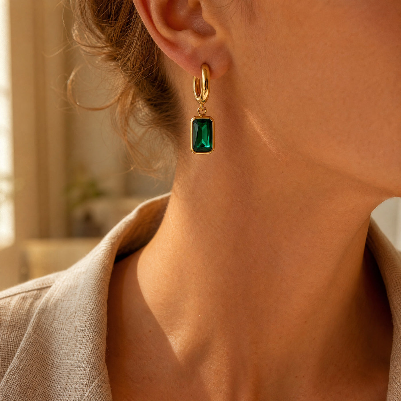 Gold Geometric Crystal Hoop Earrings – Dainty Bezel Charm Dangle Earrings for Women