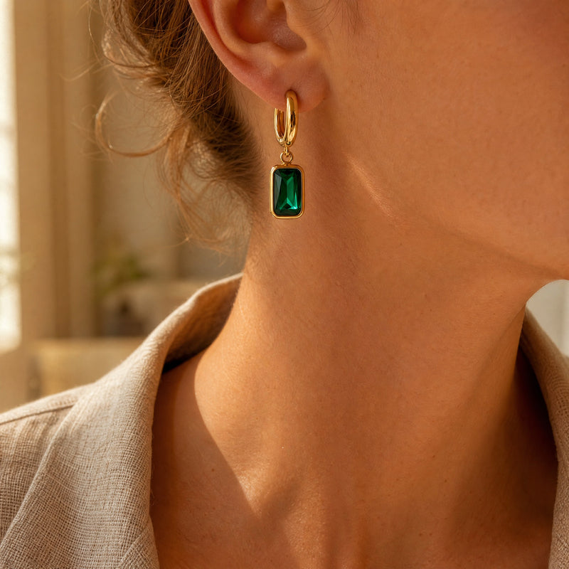 Gold Geometric Crystal Hoop Earrings – Dainty Bezel Charm Dangle Earrings for Women