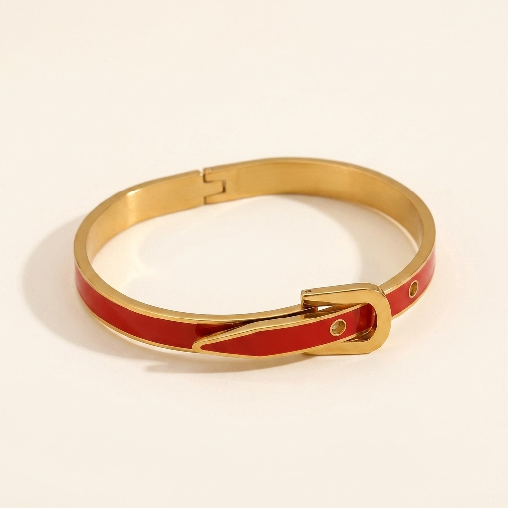 Gold Belt Buckle Bangle – Enamel Cuff Bracelet, Dainty Gold-Tone Gift for Her
