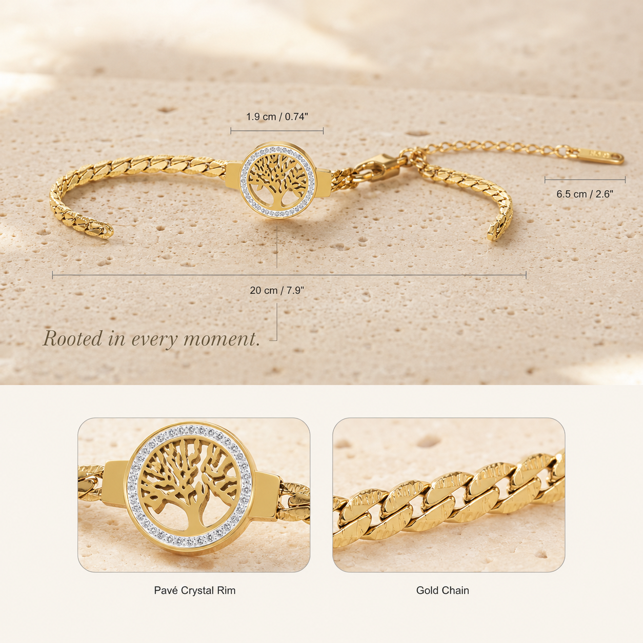 Gold Tree of Life Bracelet – Pavé CZ Curb Chain Charm Bracelet, Gift for Her