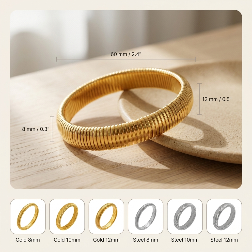 Gold Ribbed Cuff Bracelet – Elastic Stainless Steel Retro Bangle, Unisex Gift
