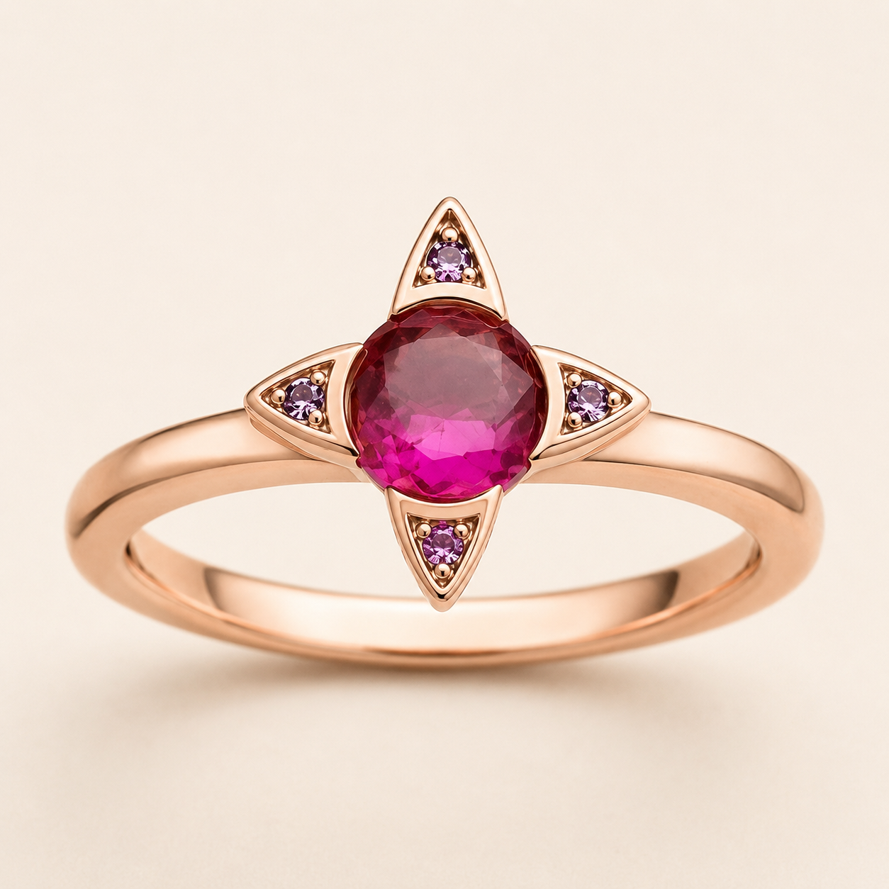 Rose Gold Star Ring – Ruby Red CZ Four-Point Star Ring for Her