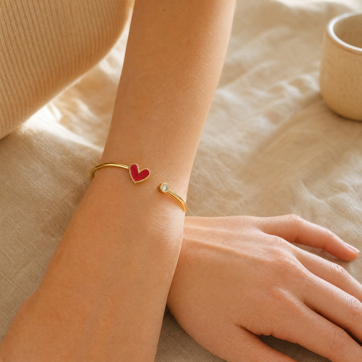 Gold Heart Cuff Bangle – Dainty Gold Stainless Steel Bracelet, Gift for Her