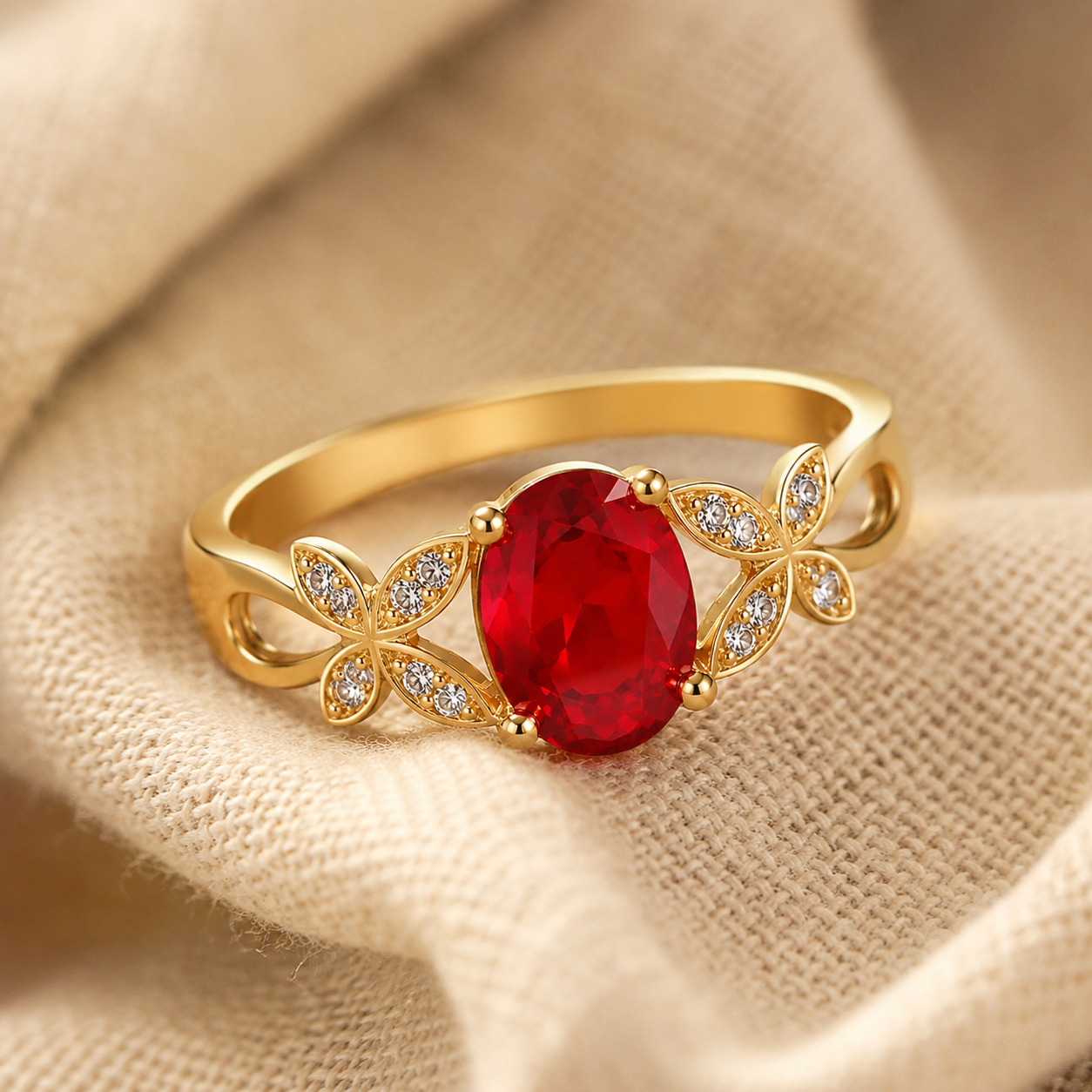 Gold Red Stone Butterfly Ring – Dainty CZ Pavé Statement Ring, Elegant Gift for Her