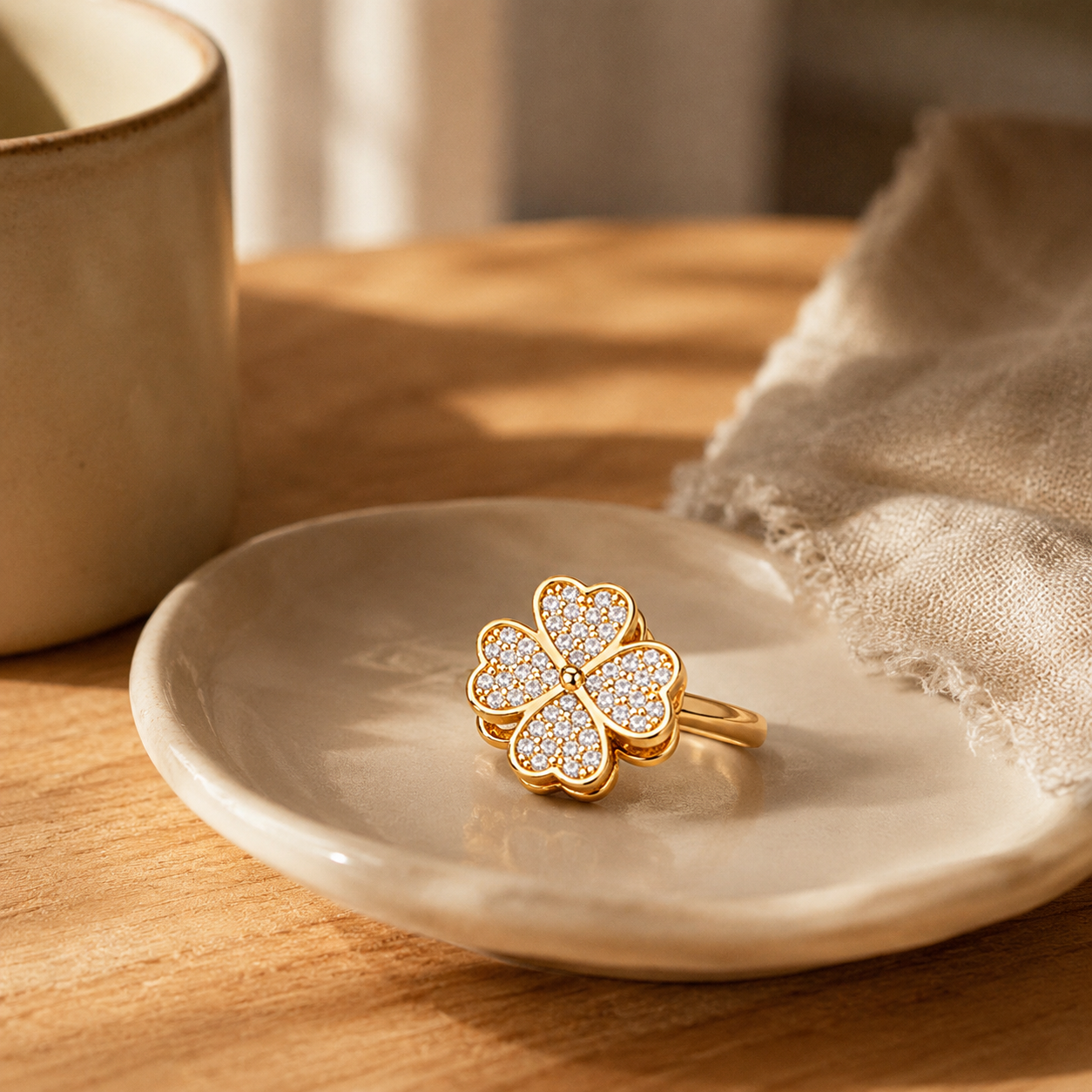 Pavé Clover Spinner Ring – Fidget Anxiety Ring Gold Silver CZ, Lucky Gift for Her