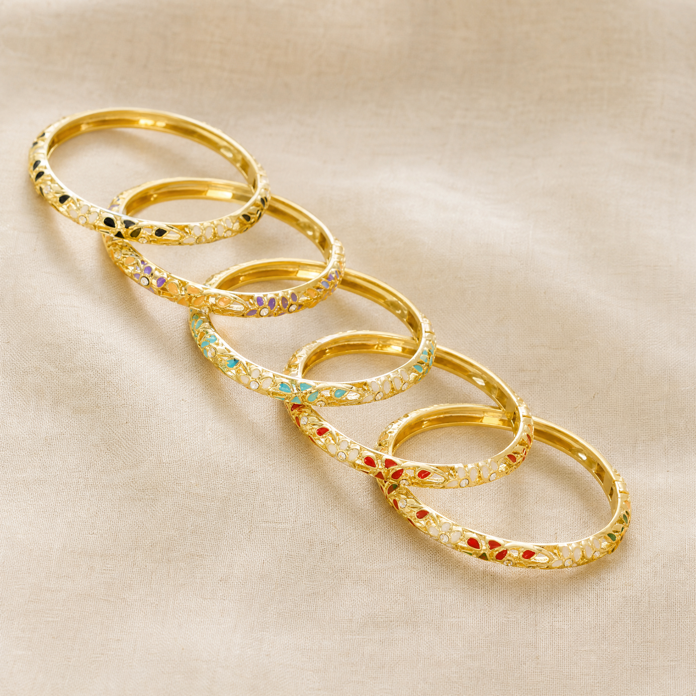 Gold Enamel Flower Bangle – Vintage Floral Copper Bracelet, Dainty Gift for Her