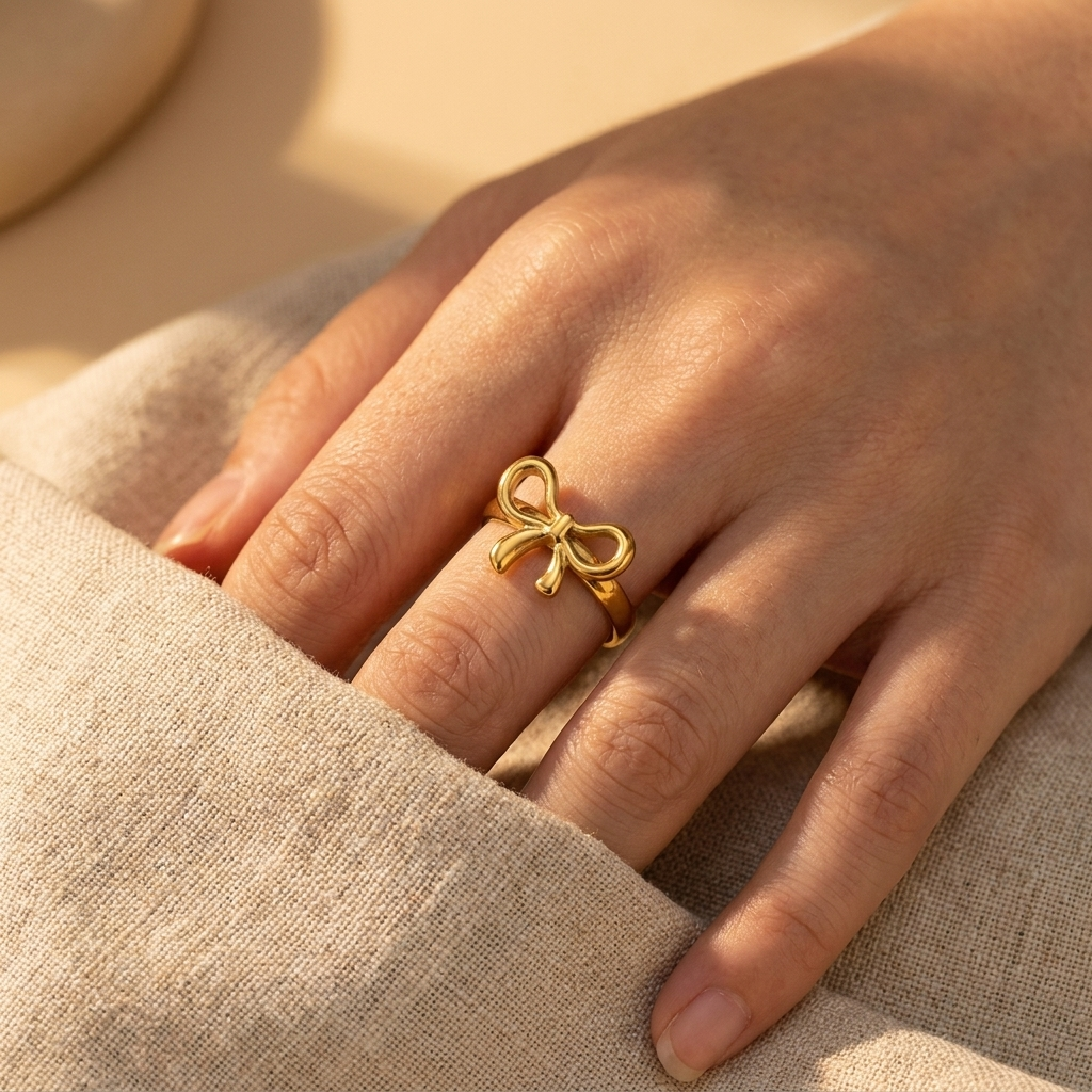 Gold Resizable Bow Ring – Dainty Adjustable Stainless Steel Ribbon Ring, Gift for Her