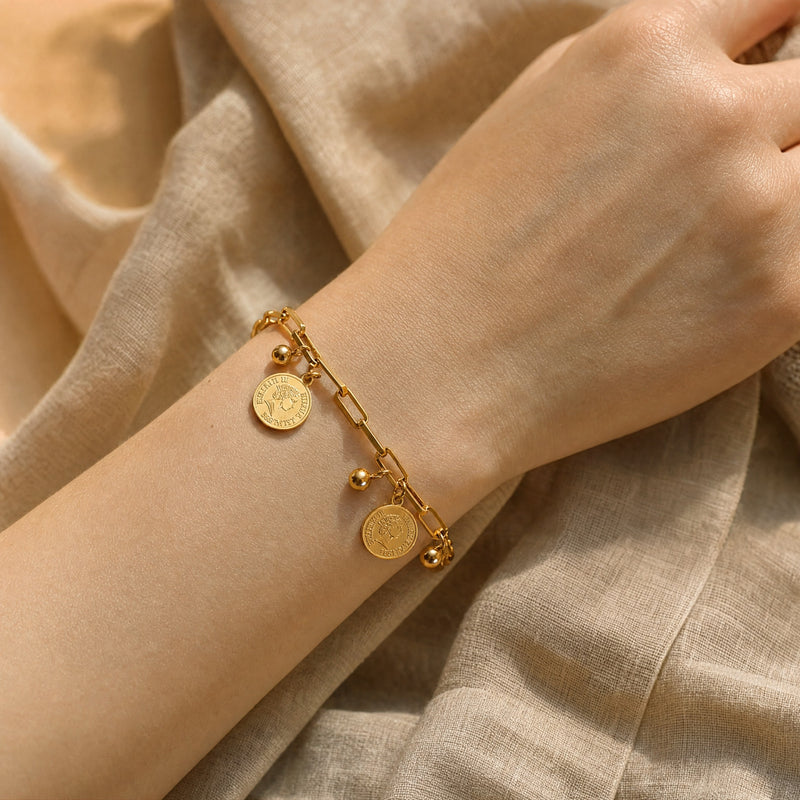 Coin Charm Paperclip Bracelet – Stackable Adjustable Chain Bracelet for Women