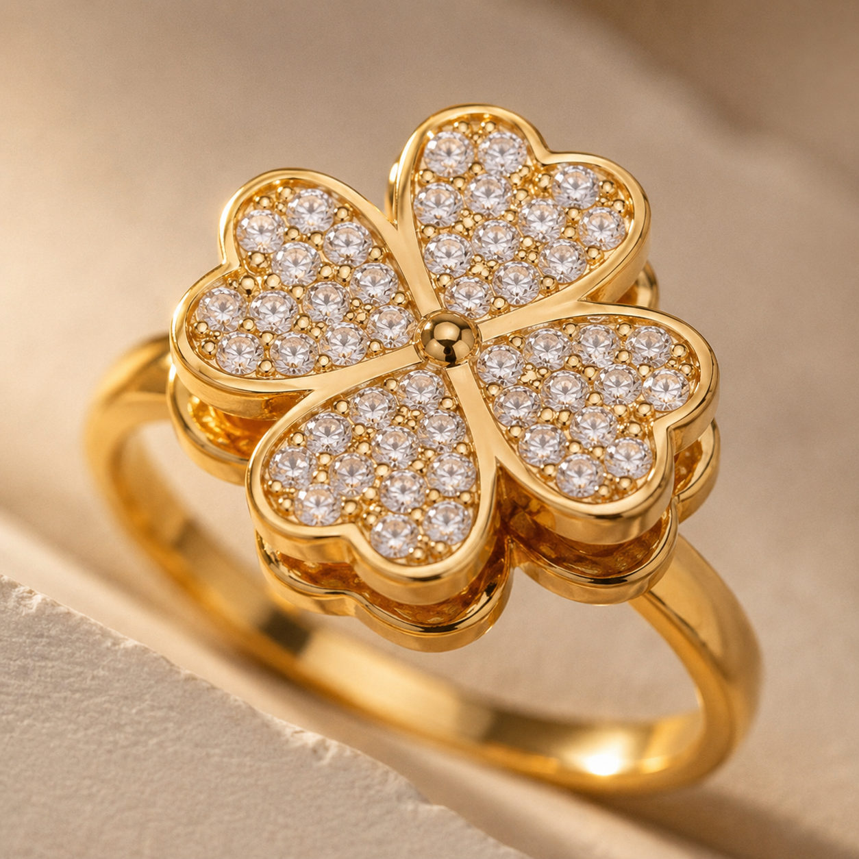 Pavé Clover Spinner Ring – Fidget Anxiety Ring Gold Silver CZ, Lucky Gift for Her