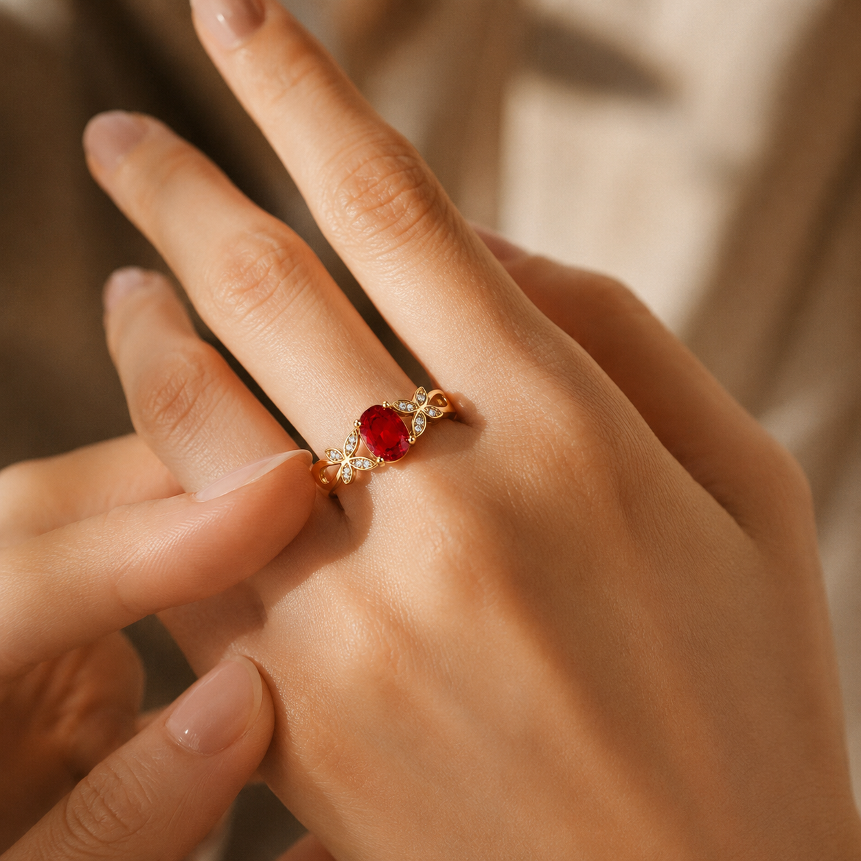 Gold Red Stone Butterfly Ring – Dainty CZ Pavé Statement Ring, Elegant Gift for Her