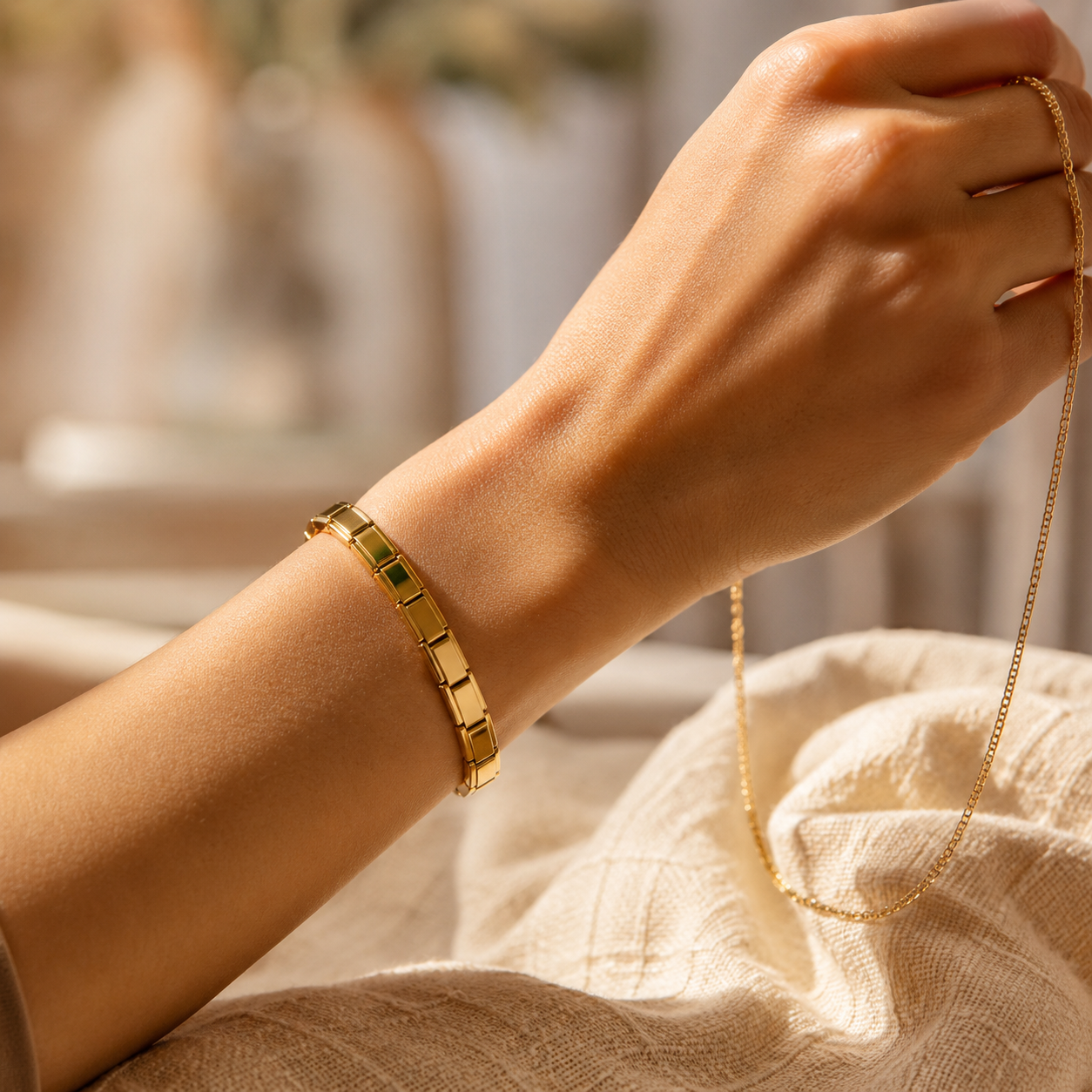 Gold Italian Link Bracelet – 9mm Stainless Steel Stretch Bangle, Minimalist Stackable Jewelry Gift for Women Men