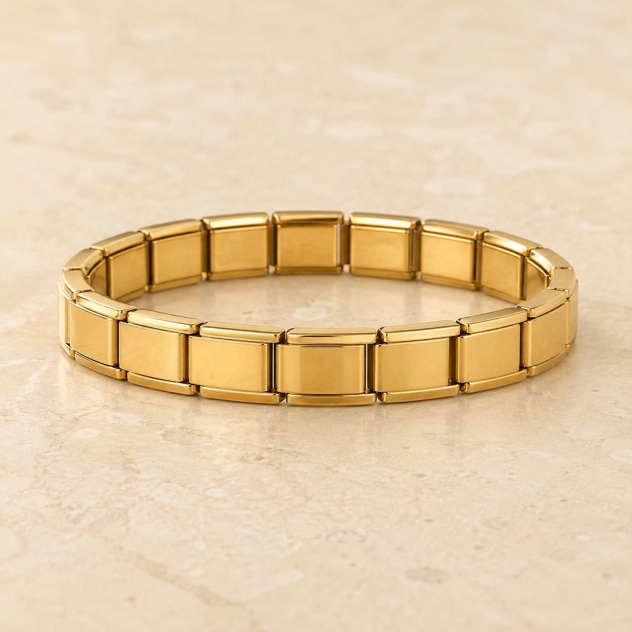 Gold Italian Link Bracelet – 9mm Stainless Steel Stretch Bangle, Minimalist Stackable Jewelry Gift for Women Men
