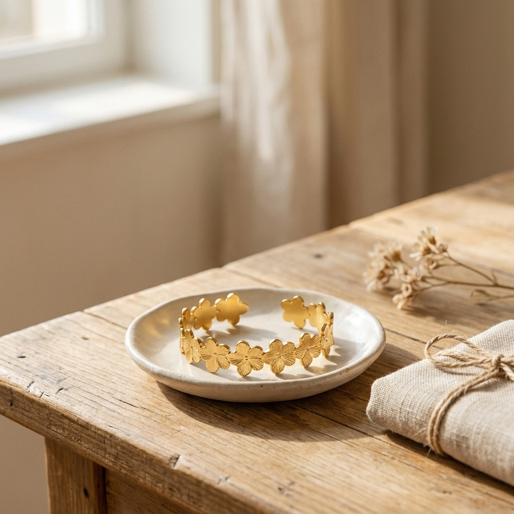 Gold Floral Cuff Bracelet – Open Bangle Flower Wrist Jewelry, Dainty Gold Gift for Women