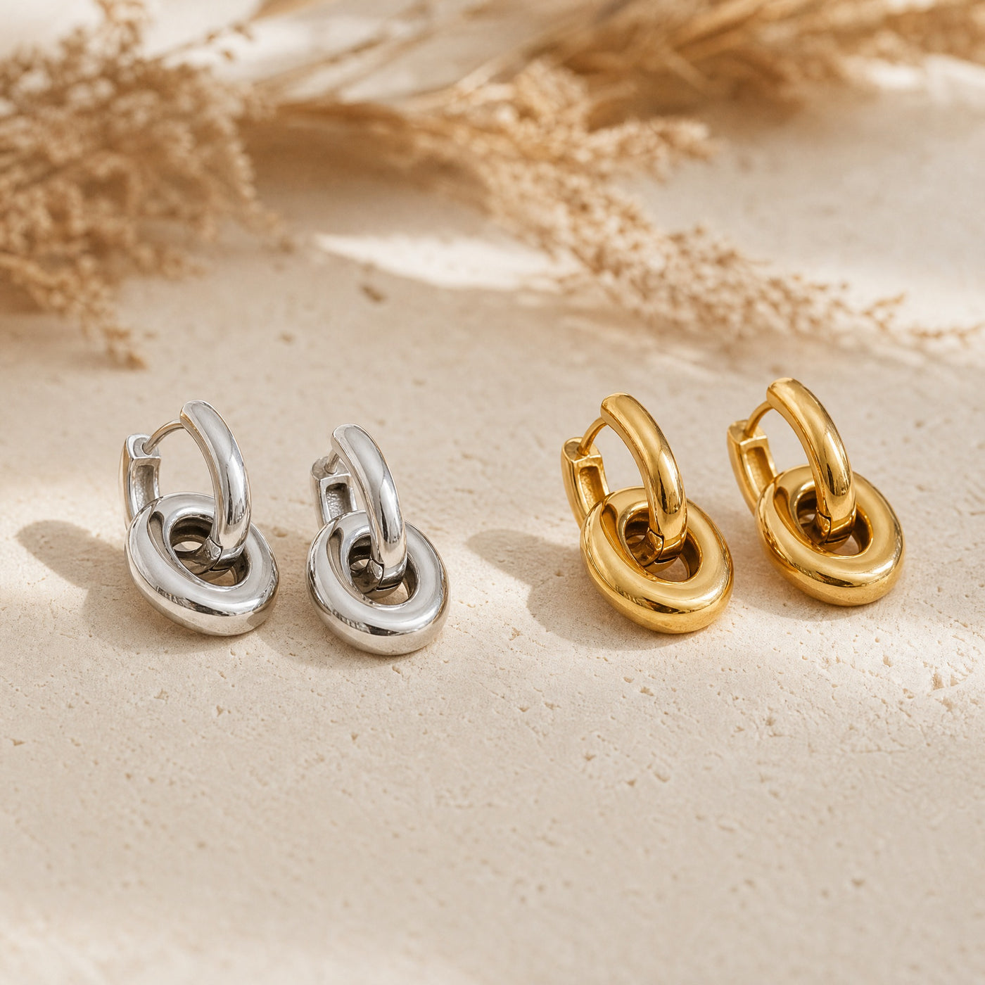 Double Hoop Drop Earrings – Gold Silver Chunky Oval Link Dangle Earrings for Women