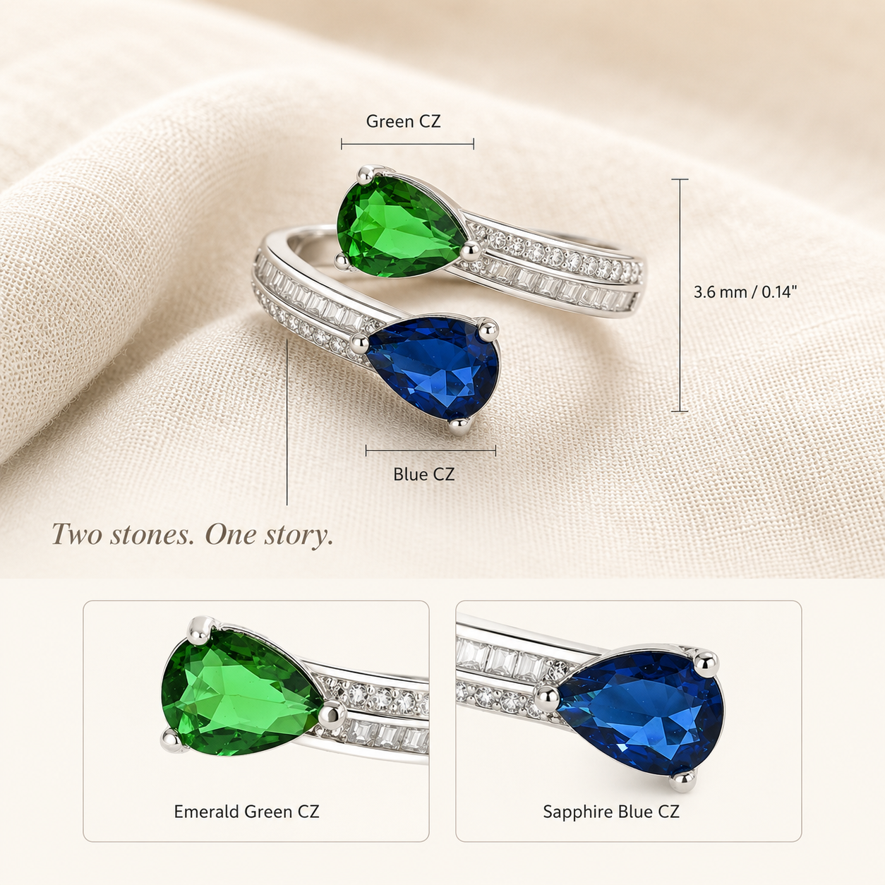 Blue Green Dual Teardrop CZ Ring – Silver Open Bypass Pear Stone Ring for Women