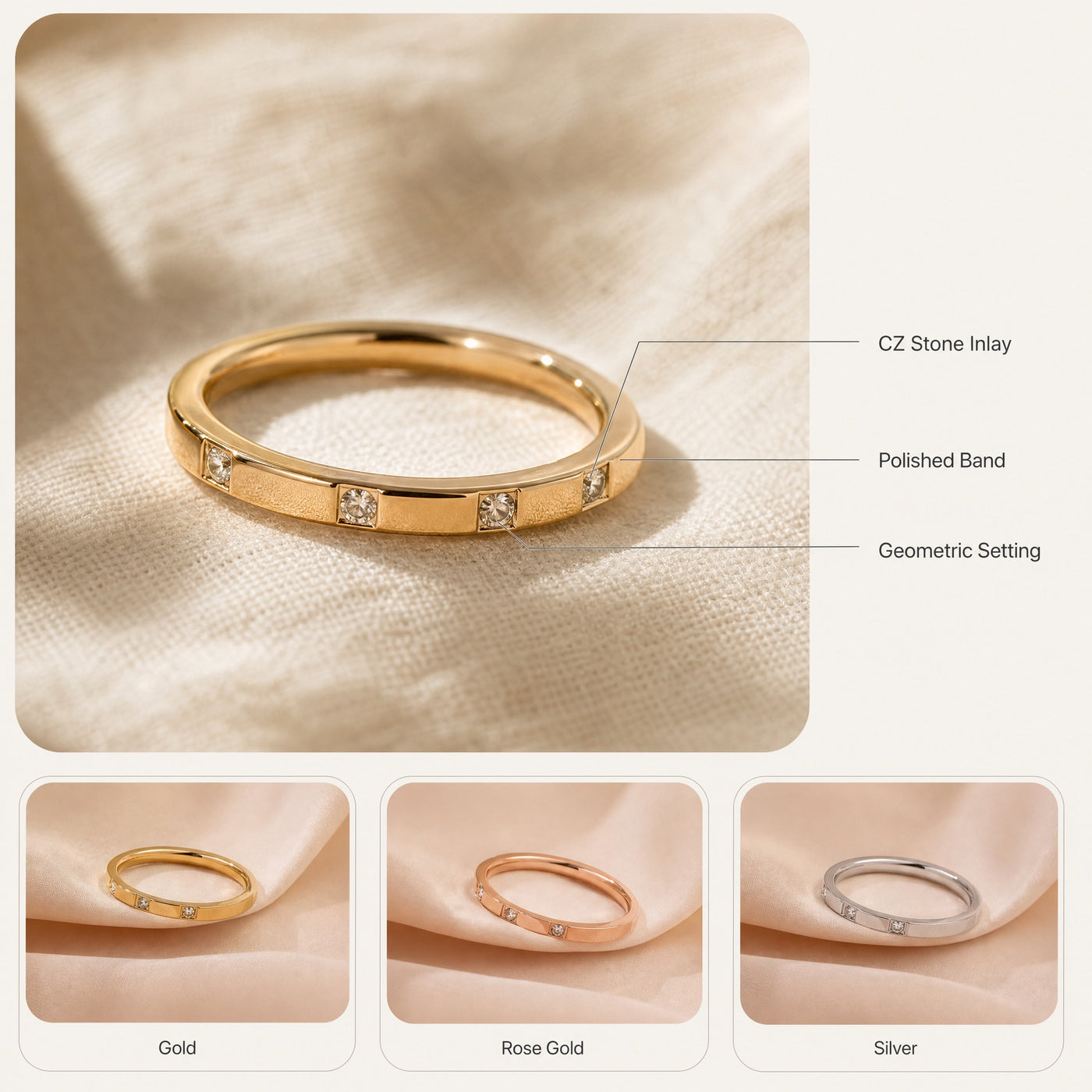 CZ Station Band Ring – Dainty Stackable Gold Silver Rose Gold Ring, Gift for Her