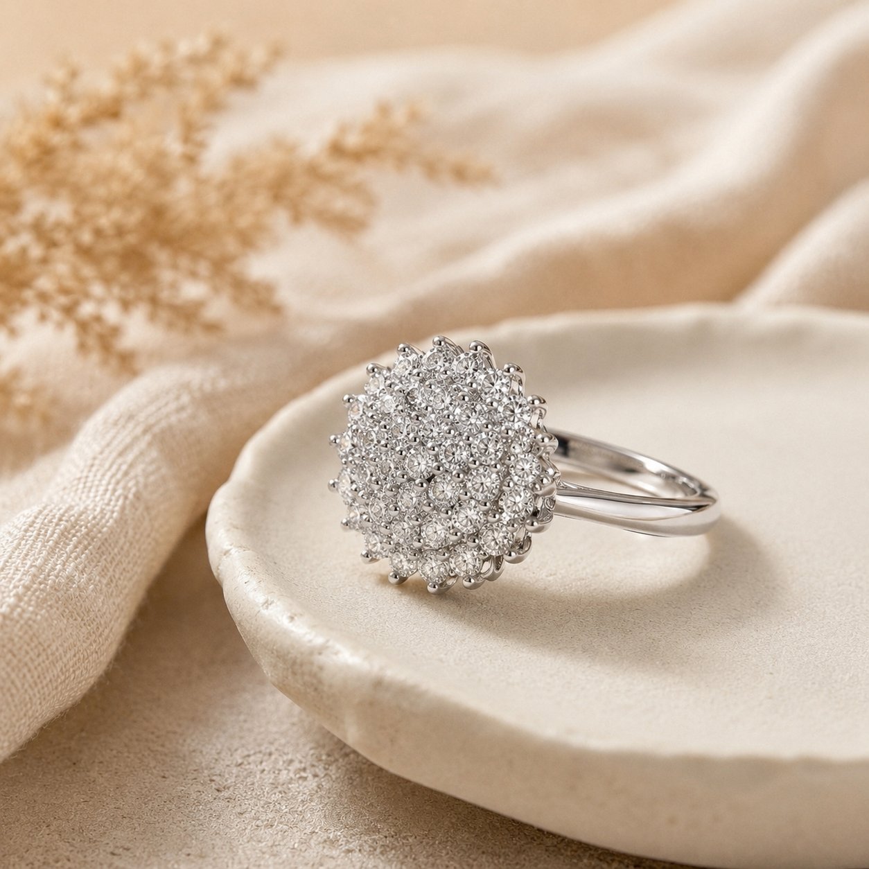 Silver Zircon Flower Ring – Pavé Cluster Statement Ring, Adjustable Band, Minimalist Jewelry Gift for Her