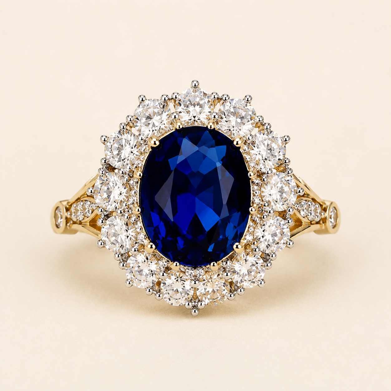 Blue Oval CZ Halo Ring – Gold Sapphire-Look Statement Ring for Women