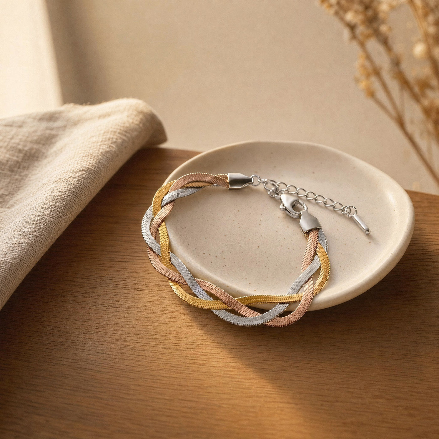 Braided Herringbone Bracelet – Gold Silver Woven Snake Chain Bracelet for Women