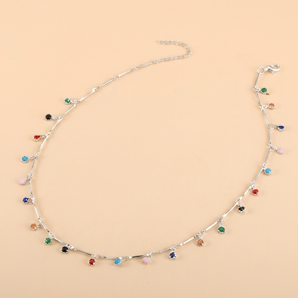 Multicolor Charm Choker Necklace – Dainty Gold Silver Colorful Bead Tassel Chain, Gift for Her
