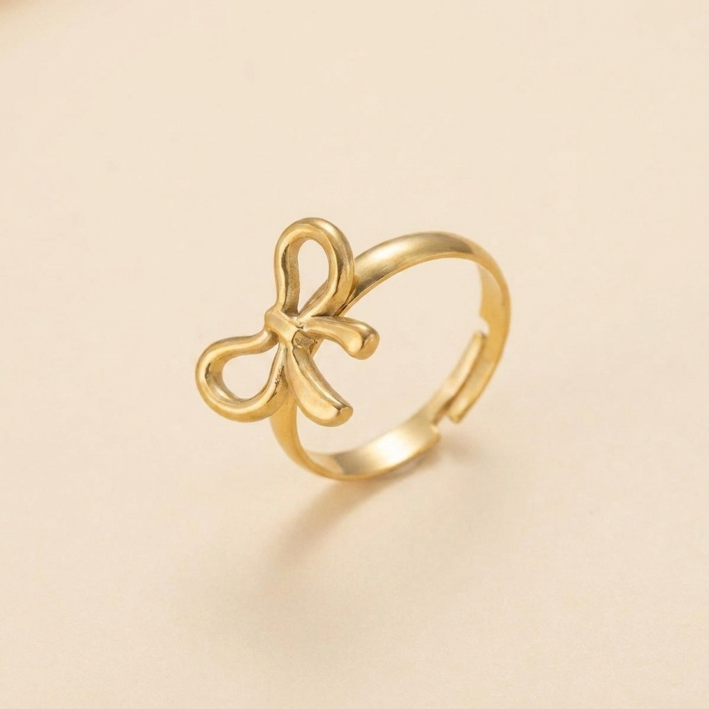 Gold Resizable Bow Ring – Dainty Adjustable Stainless Steel Ribbon Ring, Gift for Her