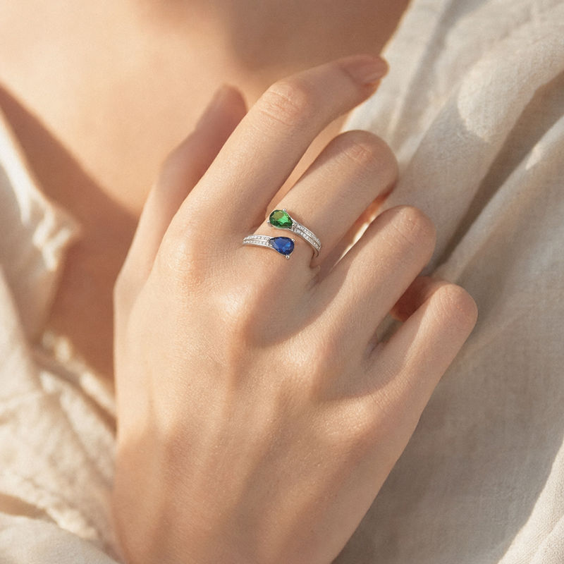 Blue Green Dual Teardrop CZ Ring – Silver Open Bypass Pear Stone Ring for Women