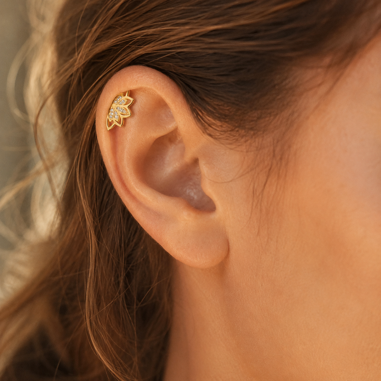 Gold Pavé Lotus Flat Back Earring – 925 Silver CZ Helix Cartilage Stud, Gift for Her