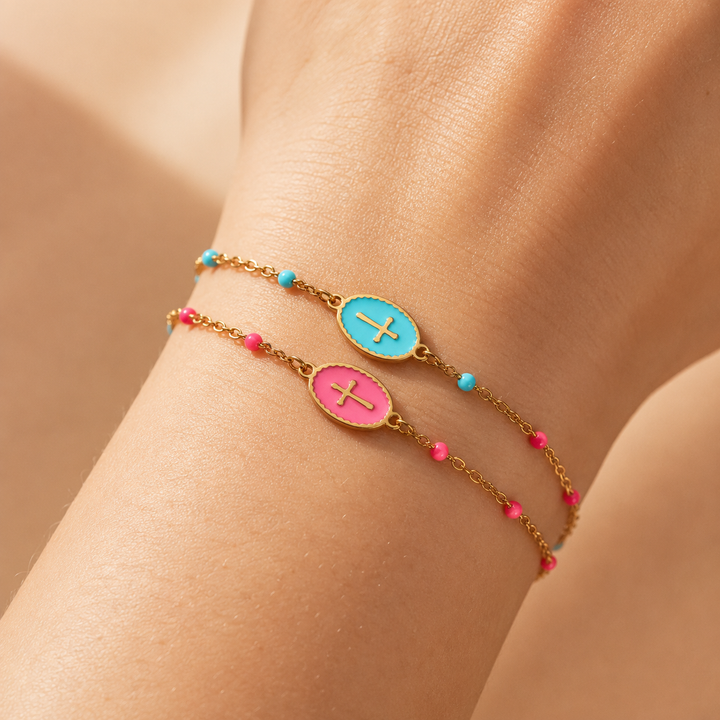 Gold Cross Charm Bracelet – Dainty Enamel Beaded Chain, Adjustable Faith Jewelry for Women