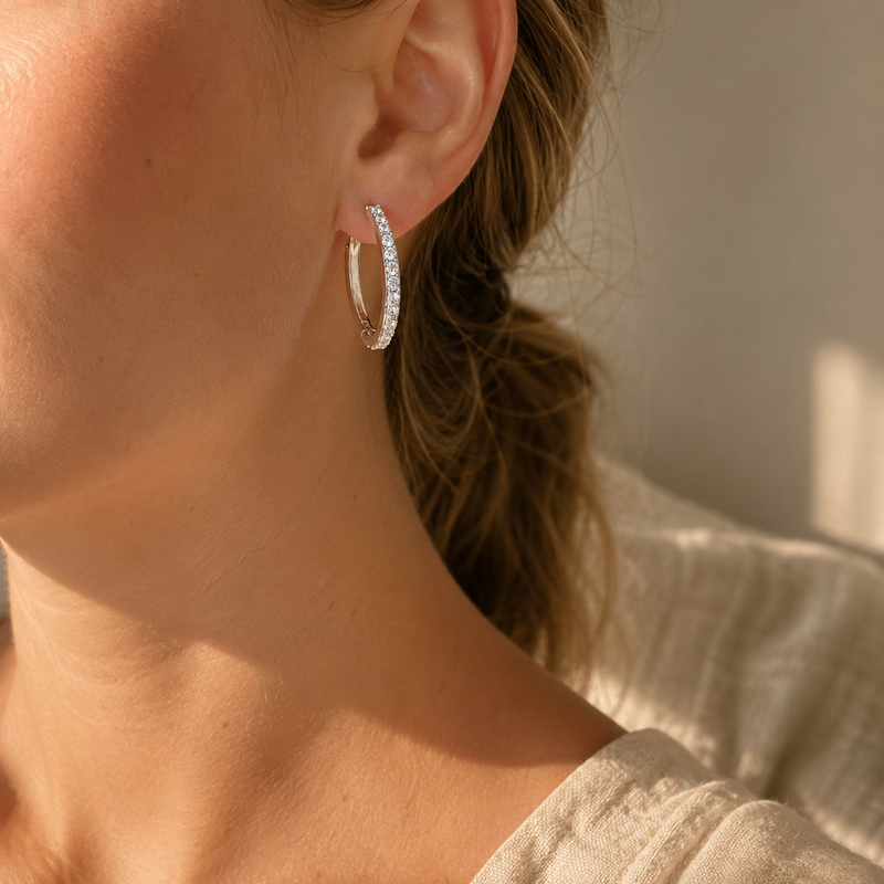 Silver Pavé CZ Hoop Earrings – Dainty Zircon Huggie Hoops, Minimalist Gift for Her