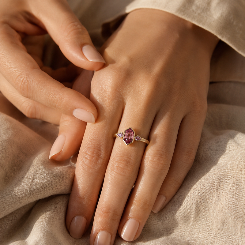 Gold Pink CZ Geometric Ring – Dainty Gold Statement Ring, Minimalist Engagement Jewelry for Women