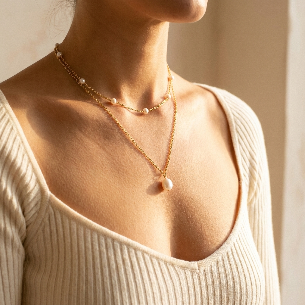 Layered Pearl Necklace – Dainty Two-Layer Pearl Chain Necklace, Minimalist Gift for Her