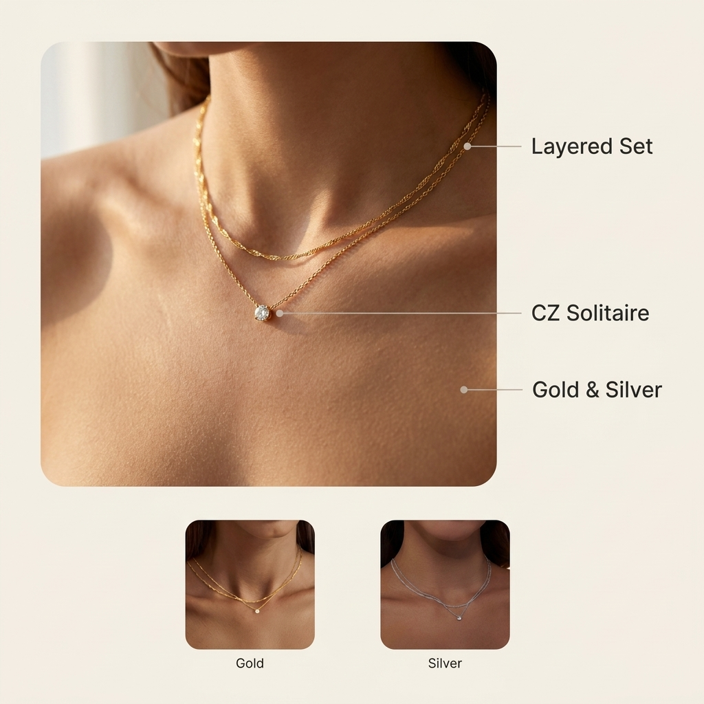 Gold CZ Solitaire Layered Necklace Set – Dainty - Plated Choker, Gift for Her