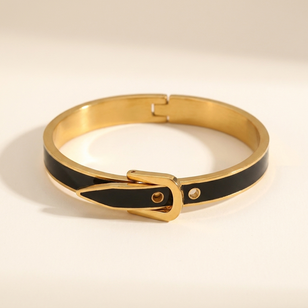Gold Belt Buckle Bangle – Enamel Cuff Bracelet, Dainty Gold-Tone Gift for Her