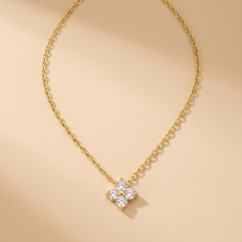 Gold Pavé Clover Pendant Necklace – Dainty CZ Four-Leaf Gold-Plated Chain Necklace Gift
