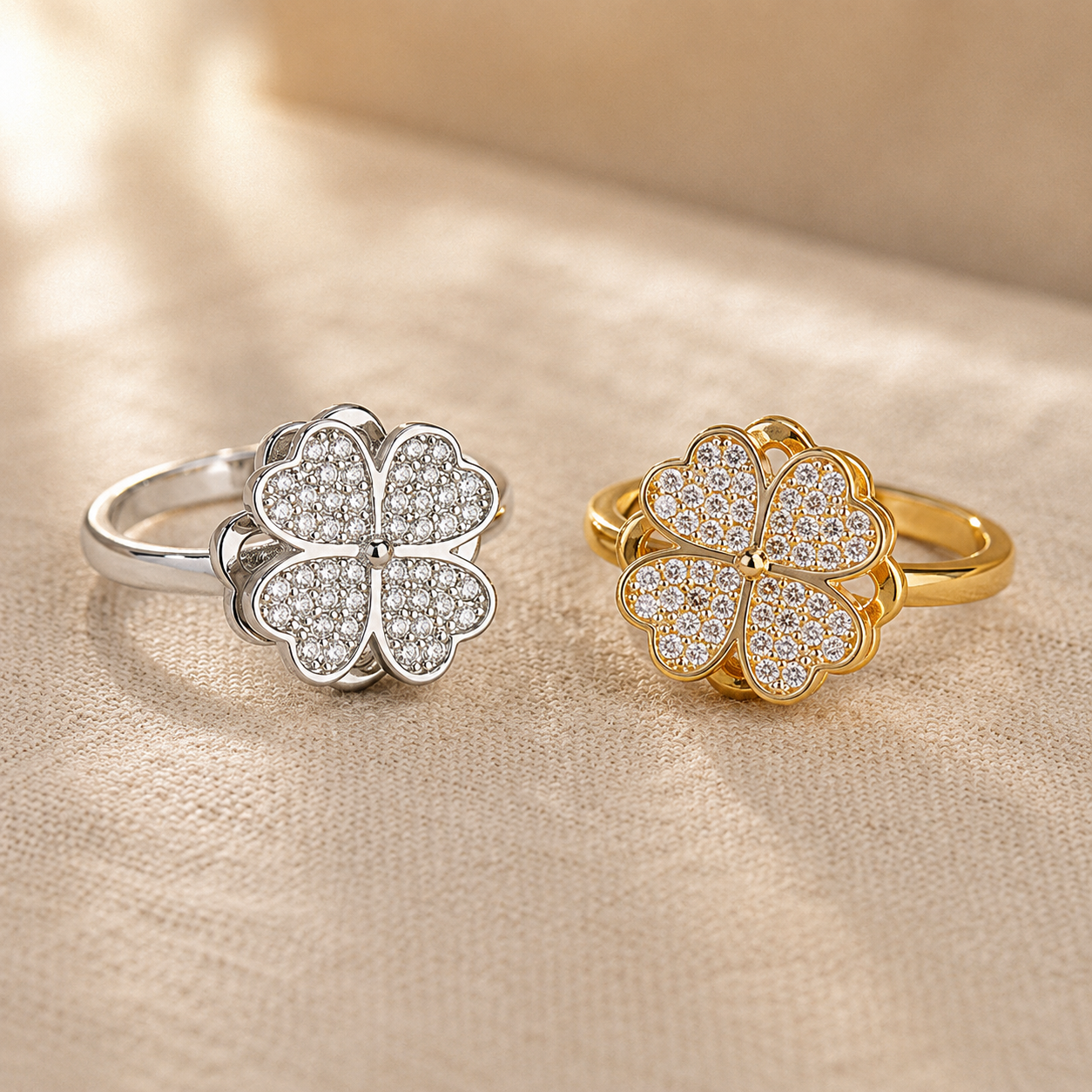 Pavé Clover Spinner Ring – Fidget Anxiety Ring Gold Silver CZ, Lucky Gift for Her