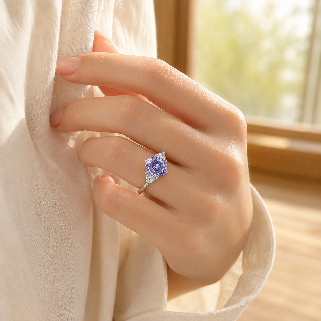 Silver Purple CZ Three Stone Ring – Adjustable Oval Ice Flower Cut Sterling Look Promise Ring