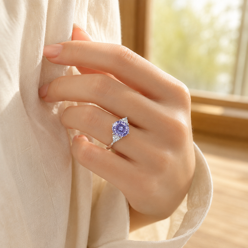 Silver Purple CZ Three Stone Ring – Adjustable Oval Ice Flower Cut Sterling Look Promise Ring