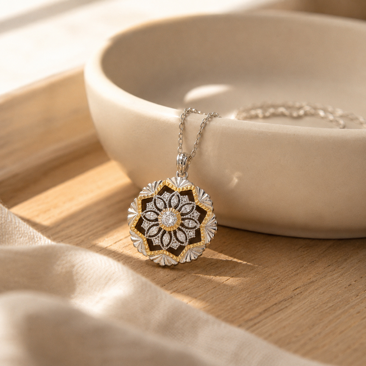 Two-Tone Floral Mandala Pendant Necklace – Dainty Gold Silver CZ Flower Necklace for Women