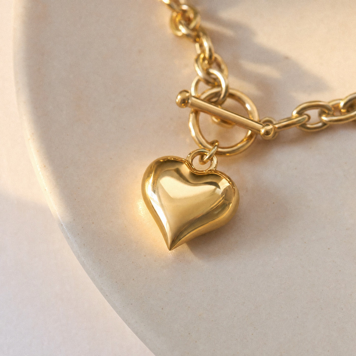 Puffy Heart Toggle Necklace – Gold Silver Chain Choker, Heart Charm Necklace Gift for Her