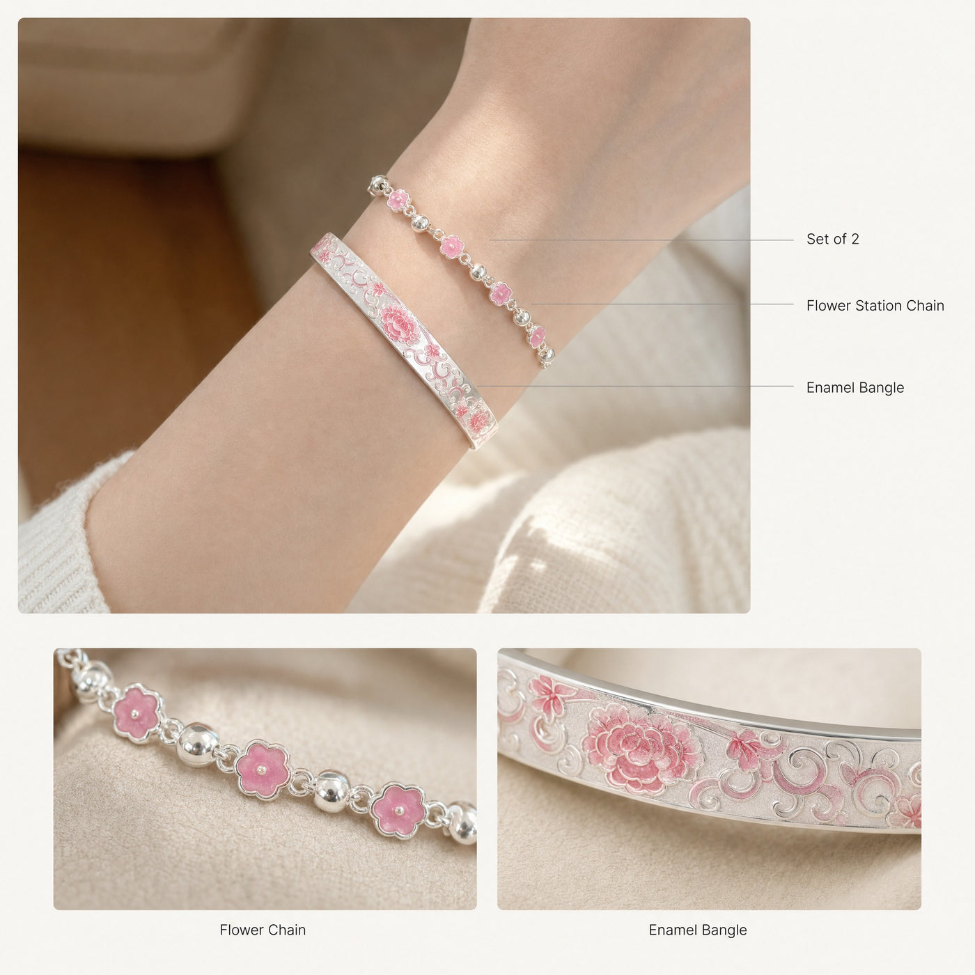 Pink Floral Enamel Bracelet Set – Silver-Tone Bangle and Flower Chain Bracelet