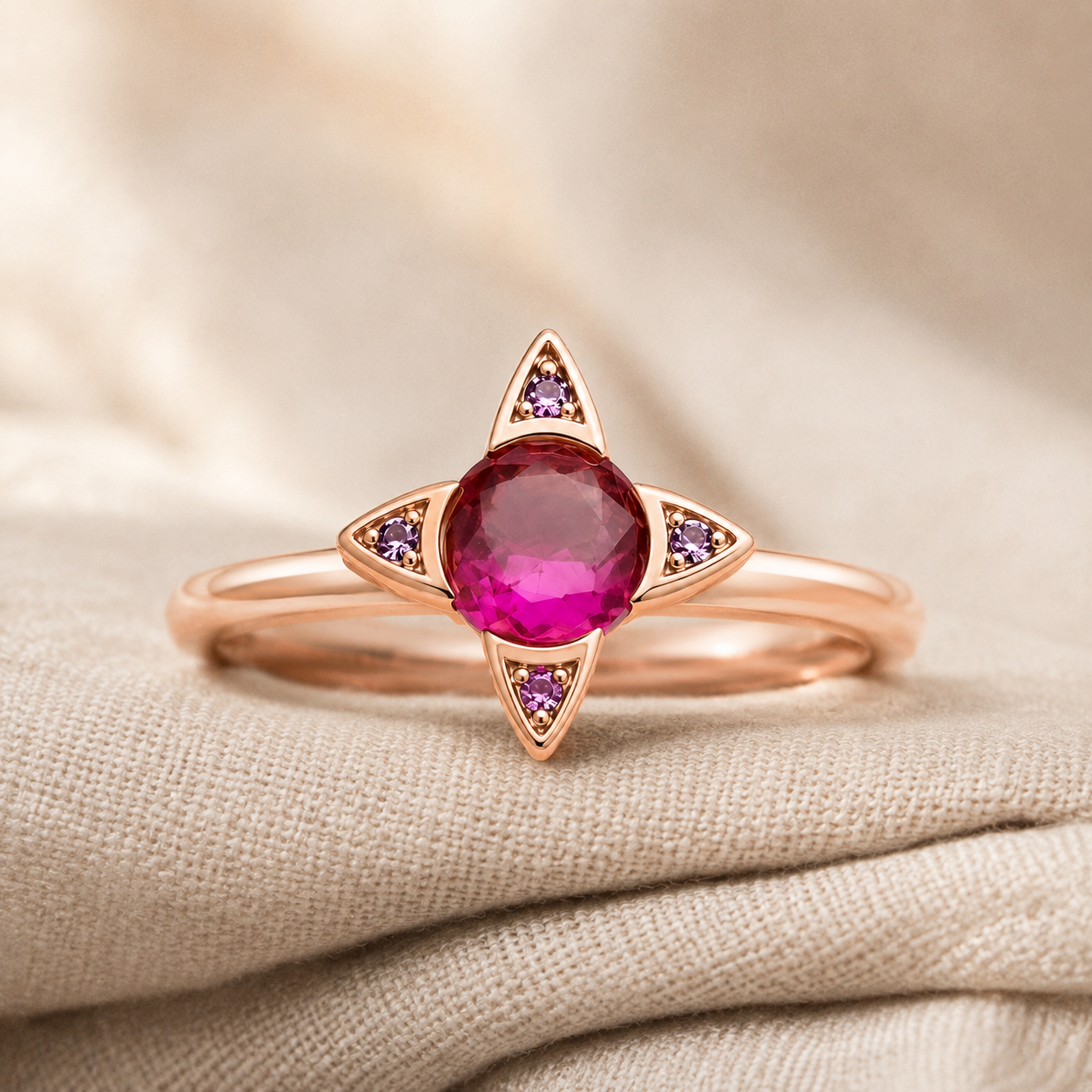 Rose Gold Star Ring – Ruby Red CZ Four-Point Star Ring for Her