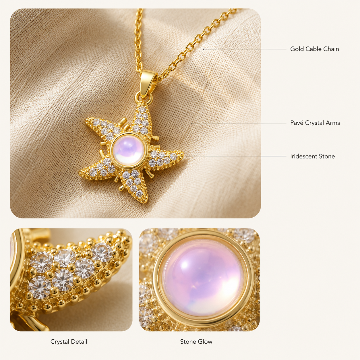 Gold Pavé Starfish Necklace – Dainty Moonstone CZ Pendant Collarbone Chain, Gift for Her
