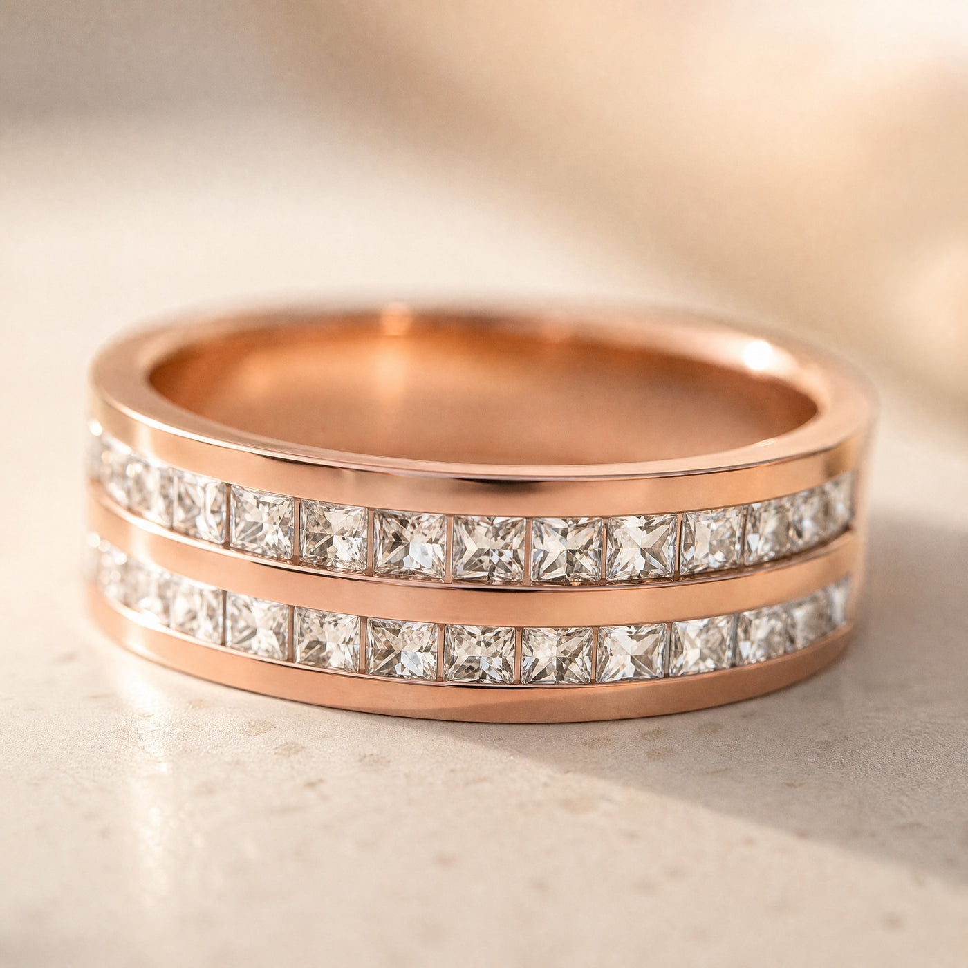 Double Row CZ Band Ring – Square Zircon Pavé Stainless Steel Wedding Ring for Women
