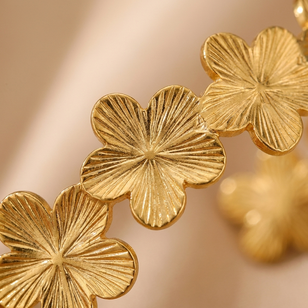 Gold Floral Cuff Bracelet – Open Bangle Flower Wrist Jewelry, Dainty Gold Gift for Women