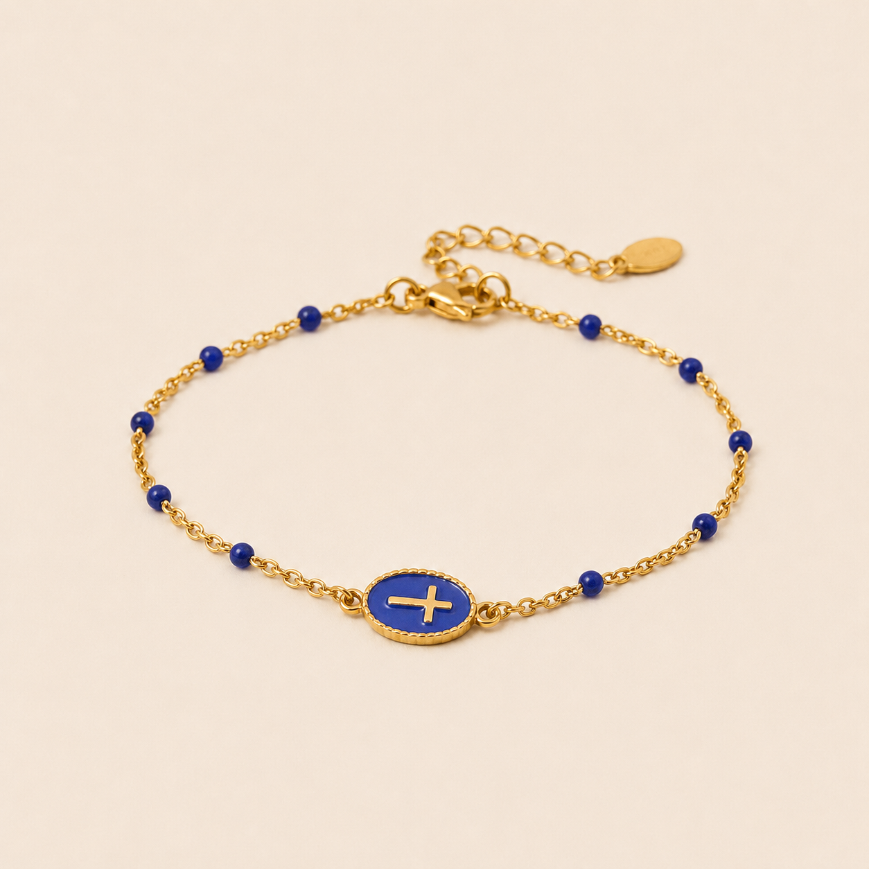 Gold Cross Charm Bracelet – Dainty Enamel Beaded Chain, Adjustable Faith Jewelry for Women