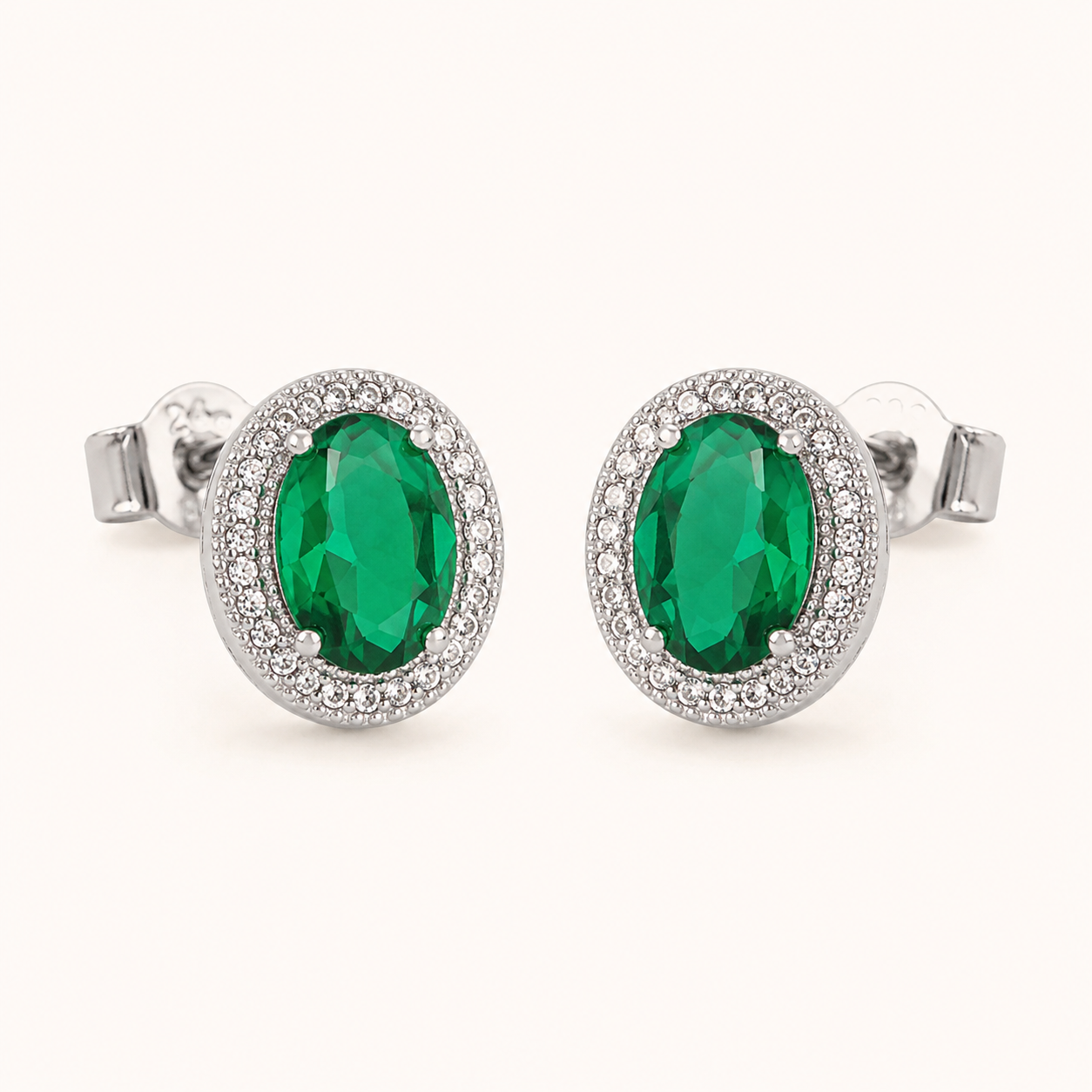 Silver Oval Crystal Halo Stud Earrings – Pavé CZ Gemstone Studs, Gift for Her